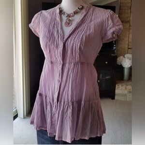 Empire Waist Lilac Lavender Cotton Short Sleeve Tunic Top from Italy - Small